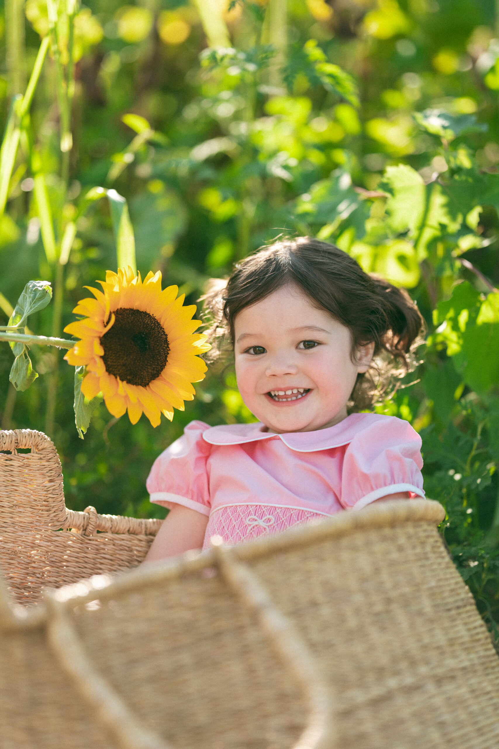 Smiling young girl sitting beside a sunflower during seasonal family sessions in a sunny sunflower field.