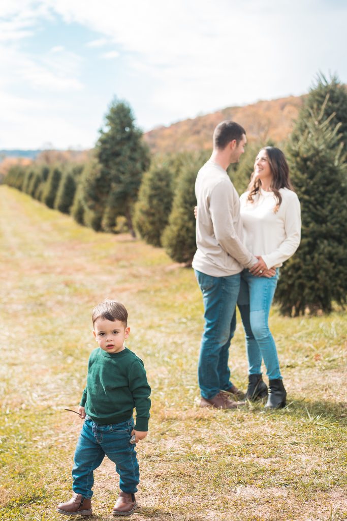 Young boy standing in the foreground while his parents smile at each other between rows of Christmas trees.